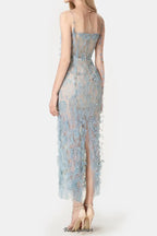 BLUE BEADED LACE PENCIL MIDI DRESS Flowering Girl