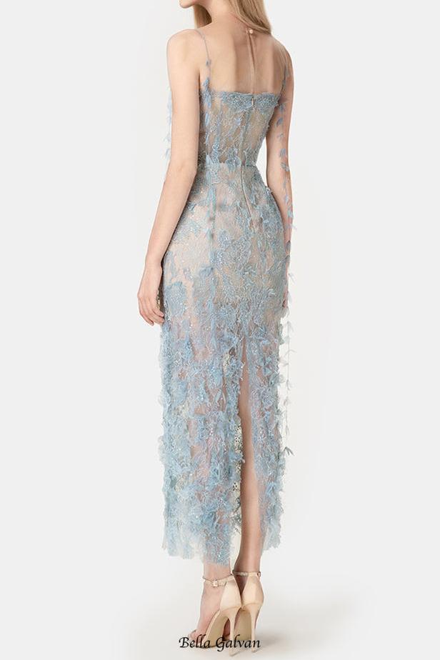 BLUE BEADED LACE PENCIL MIDI DRESS Flowering Girl