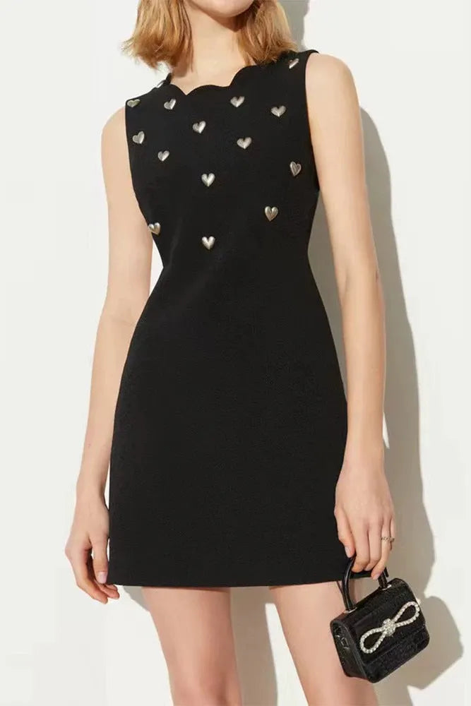 Scalloped Neck Heart Stud Sleeveless Black Mini Dress Flowering Girl