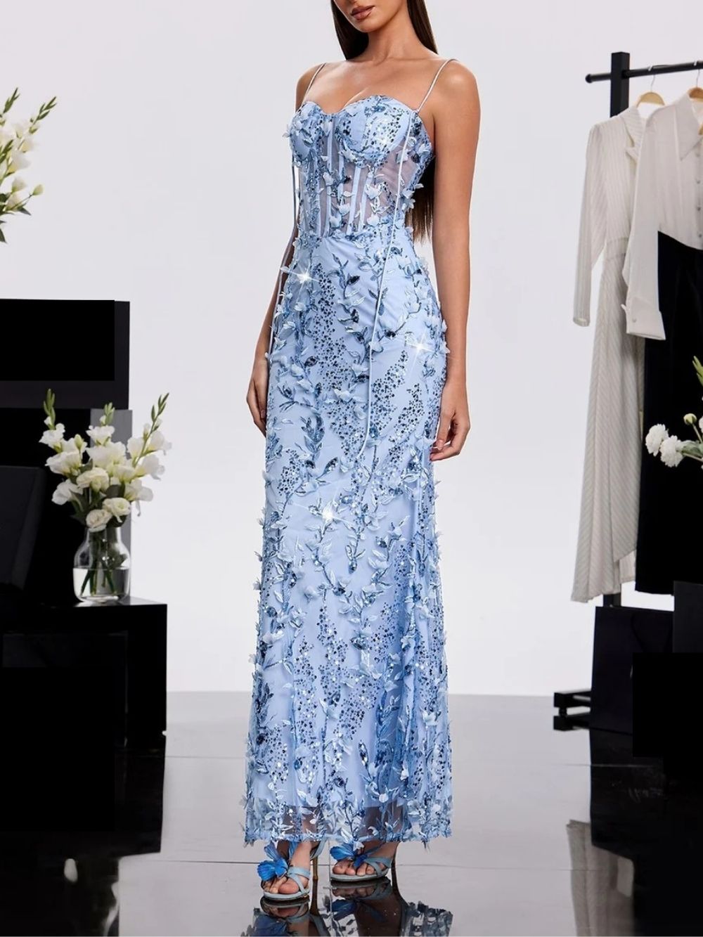 Haranu Spaghetti Corset Sequin Dress In Sky Flowering Girl