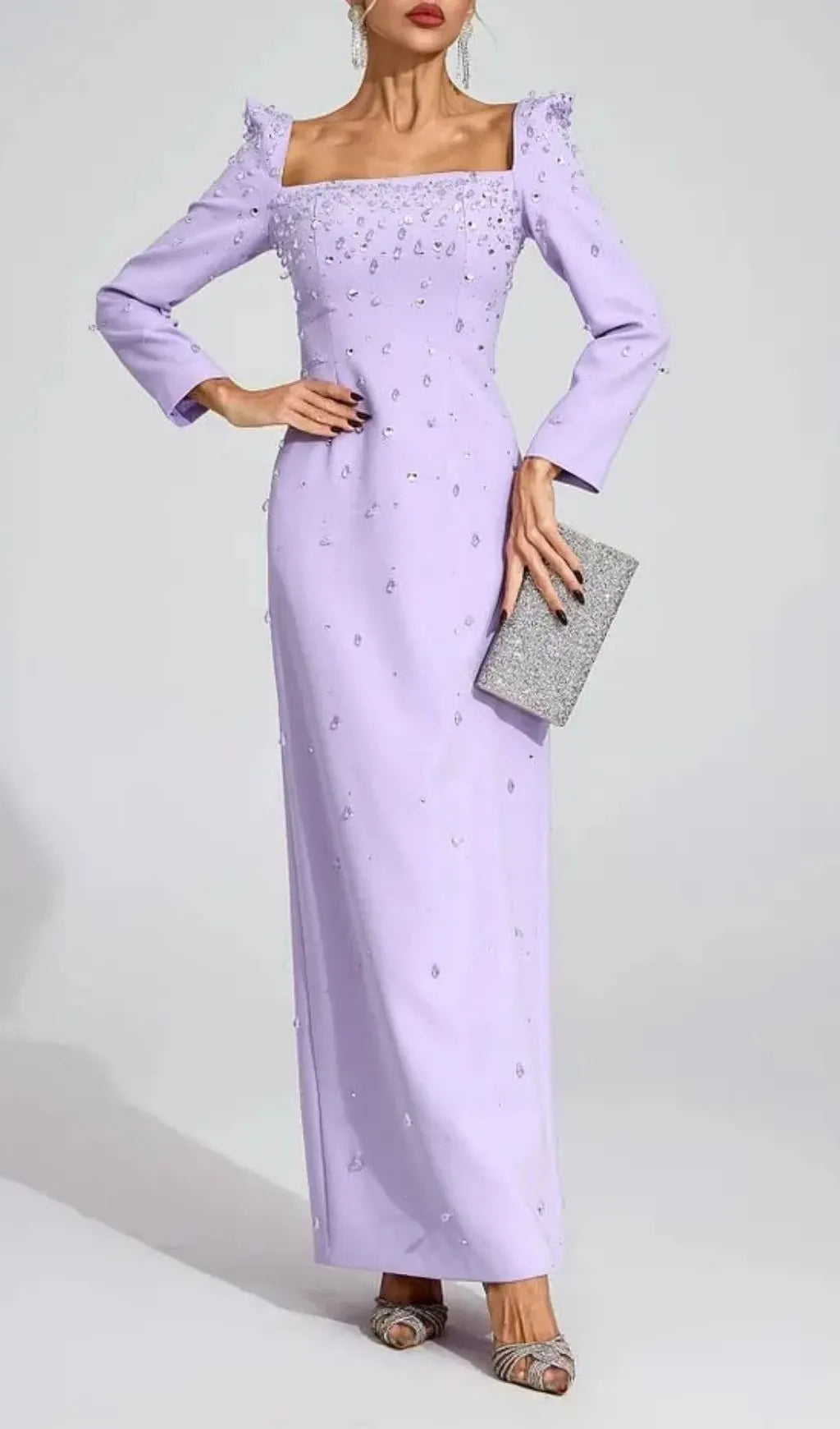 Lynn Square Neck Beaded Rhinestone Maxi Dress - Purple Flowering Girl