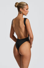 Tori Pleated High Slit Bodysuit - Black Flowering Girl