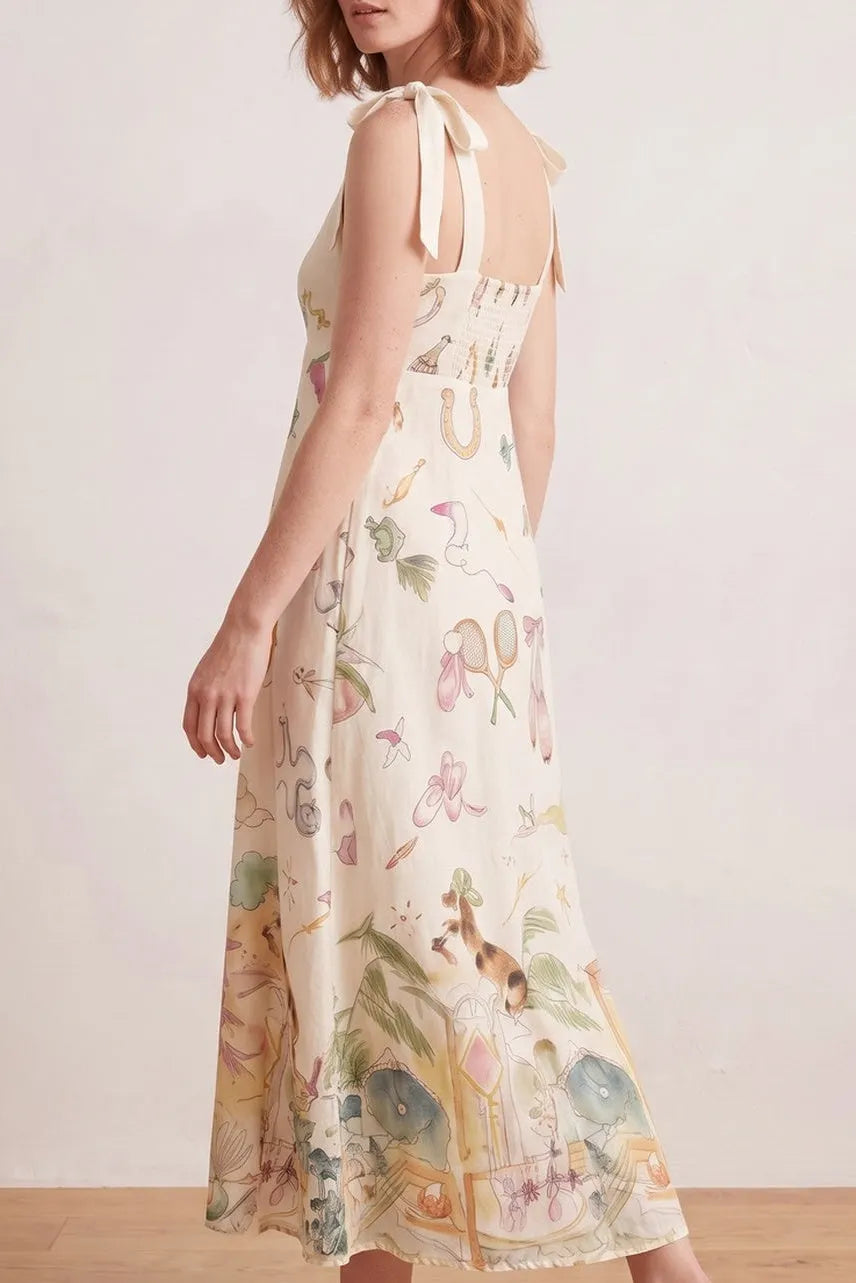 Bow Strap Whimsical Print Empire Midi Dress Flowering Girl