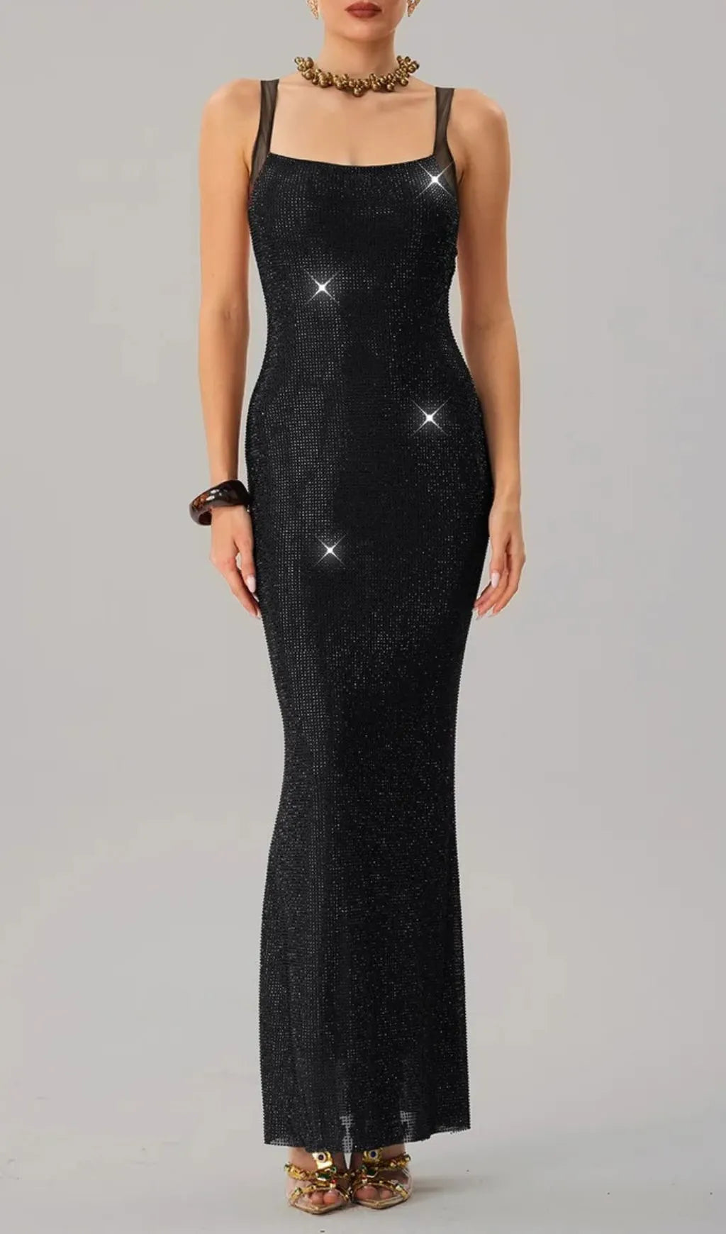 Jouncegrid Backless Rhinestone Maxi Dress In Black Flowering Girl