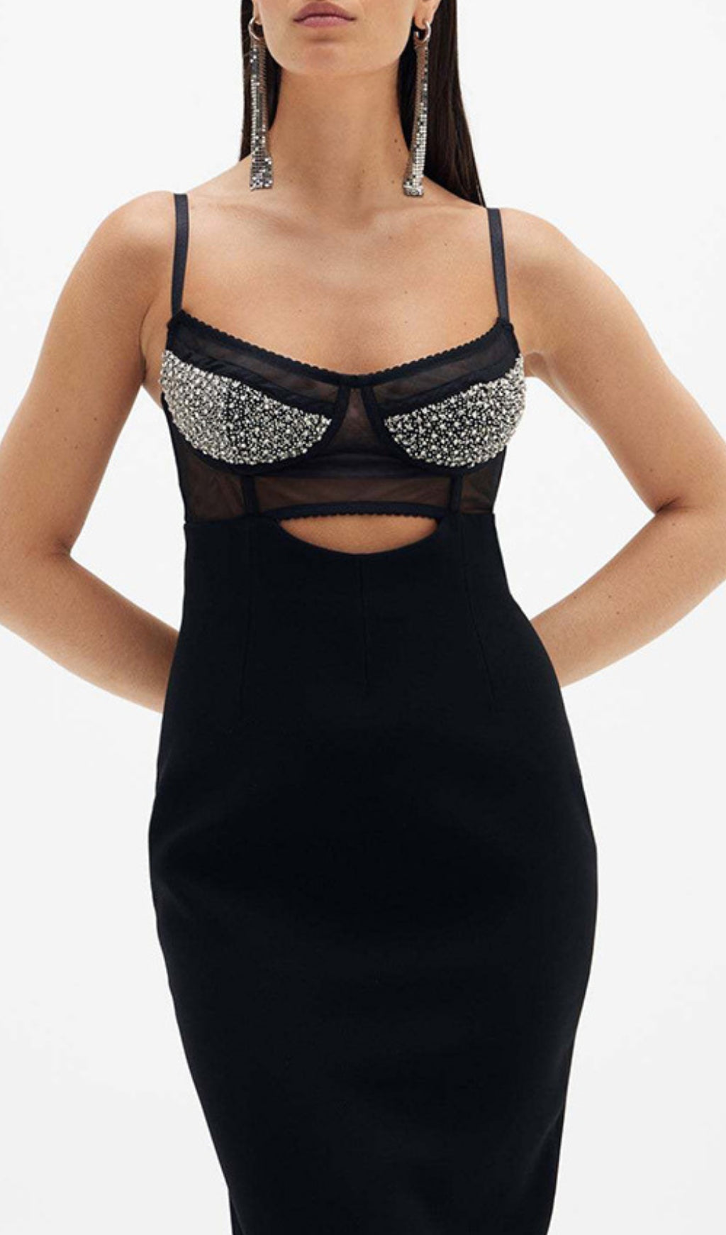 Aideen Black Beading Bandage Midi Dress