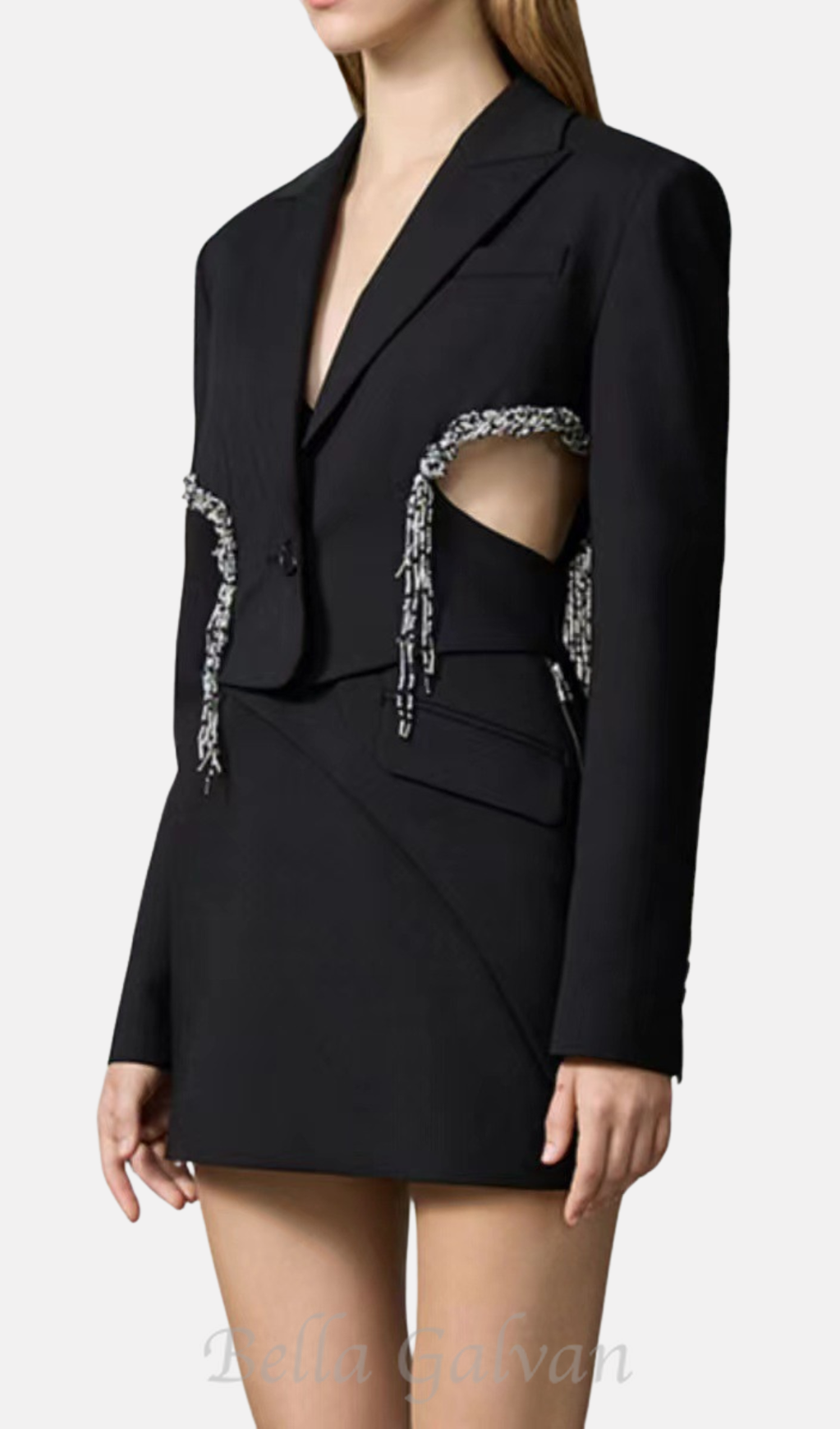 crystal-embellished cut out blazer dress in black Flowering Girl