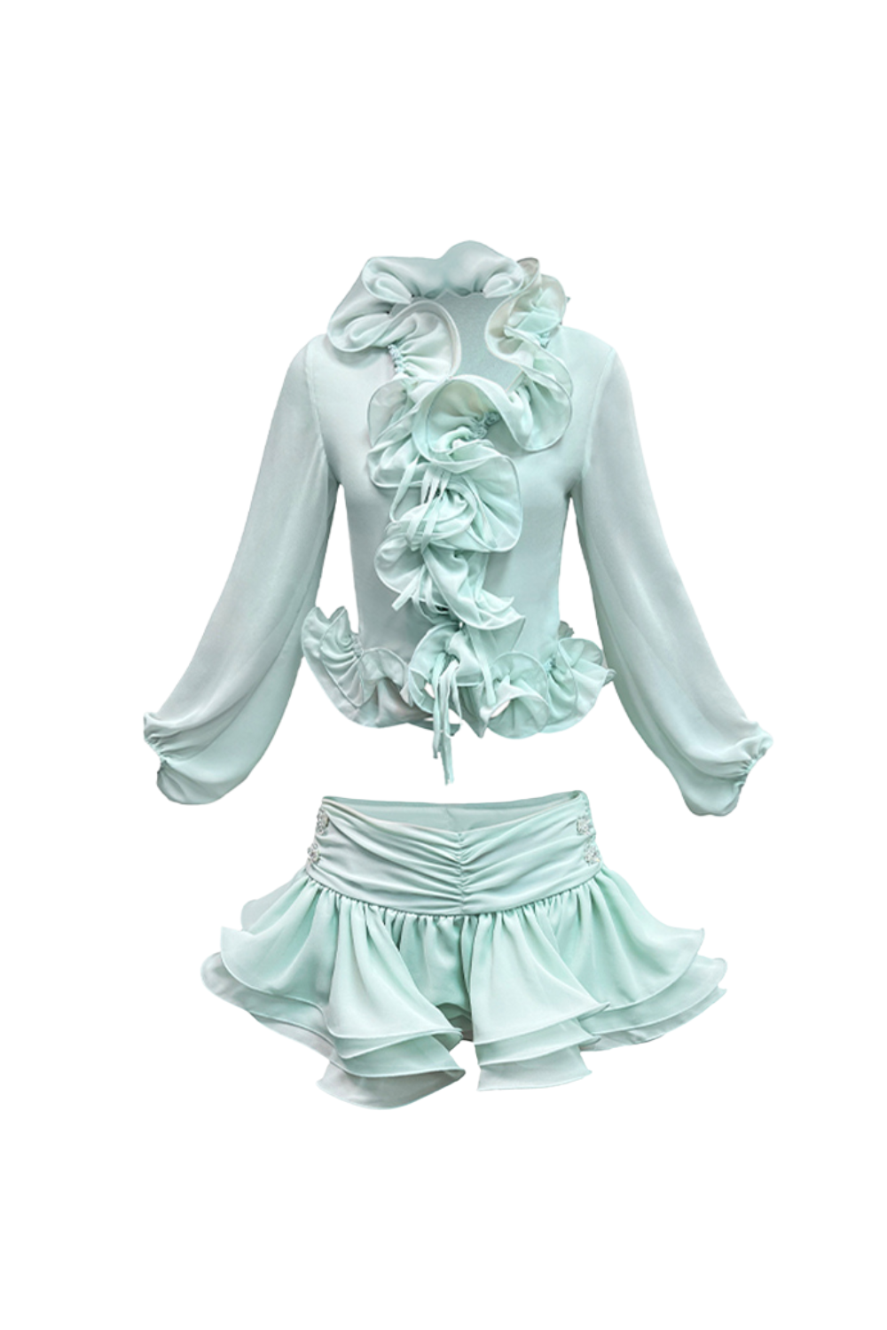 flounced chiffon blouse & skirt matching set in mint Flowering Girl