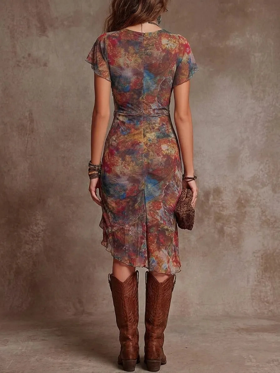 Bohemian Abstract Art Print V-neck Pleated Midi Dress Flowering Girl