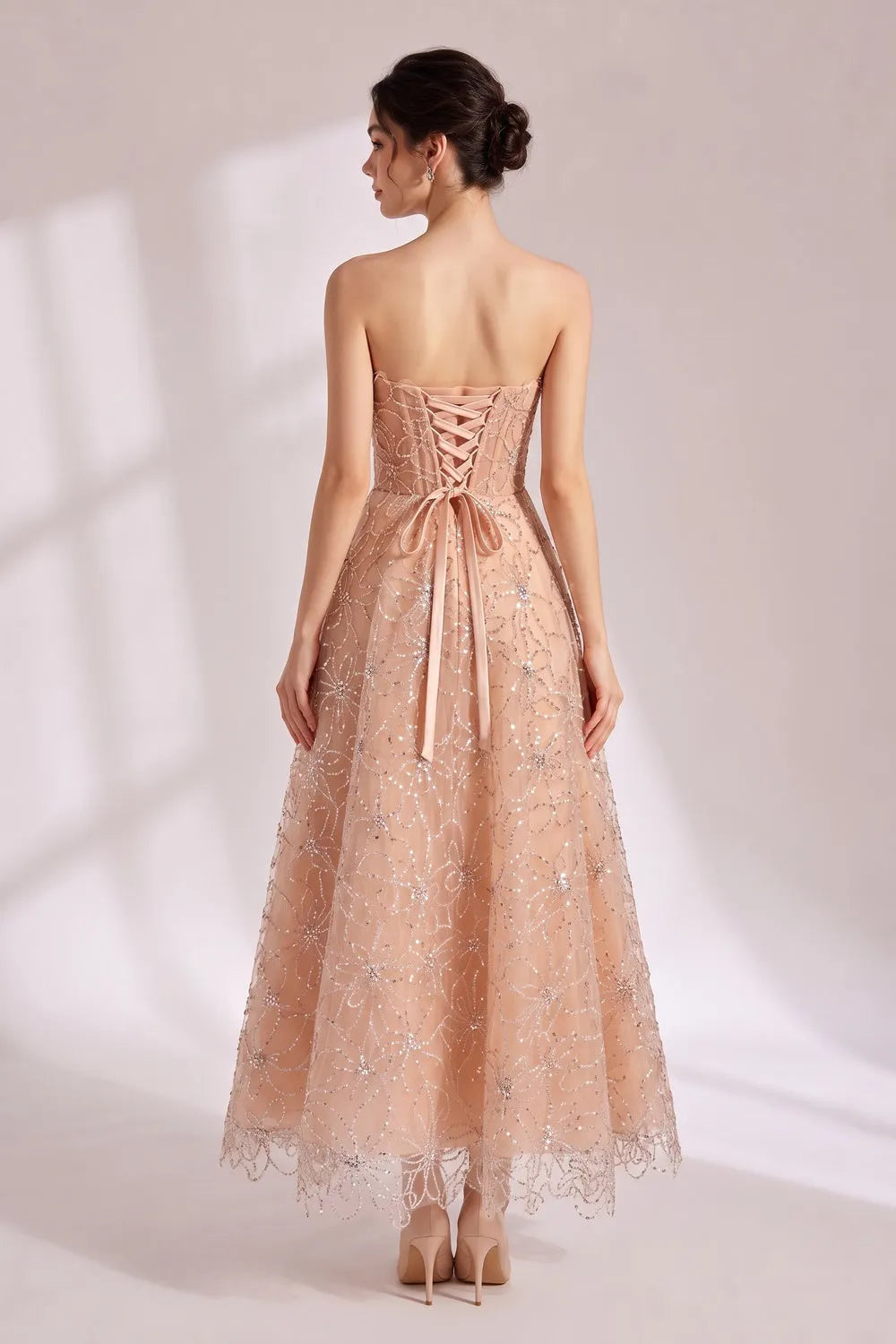 Nude Beaded Strapless Maxi Dress Flowering Girl
