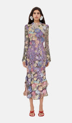 LONG SLEEVE EMBROIDERED MIDI DRESS IN PURPLE Flowering Girl