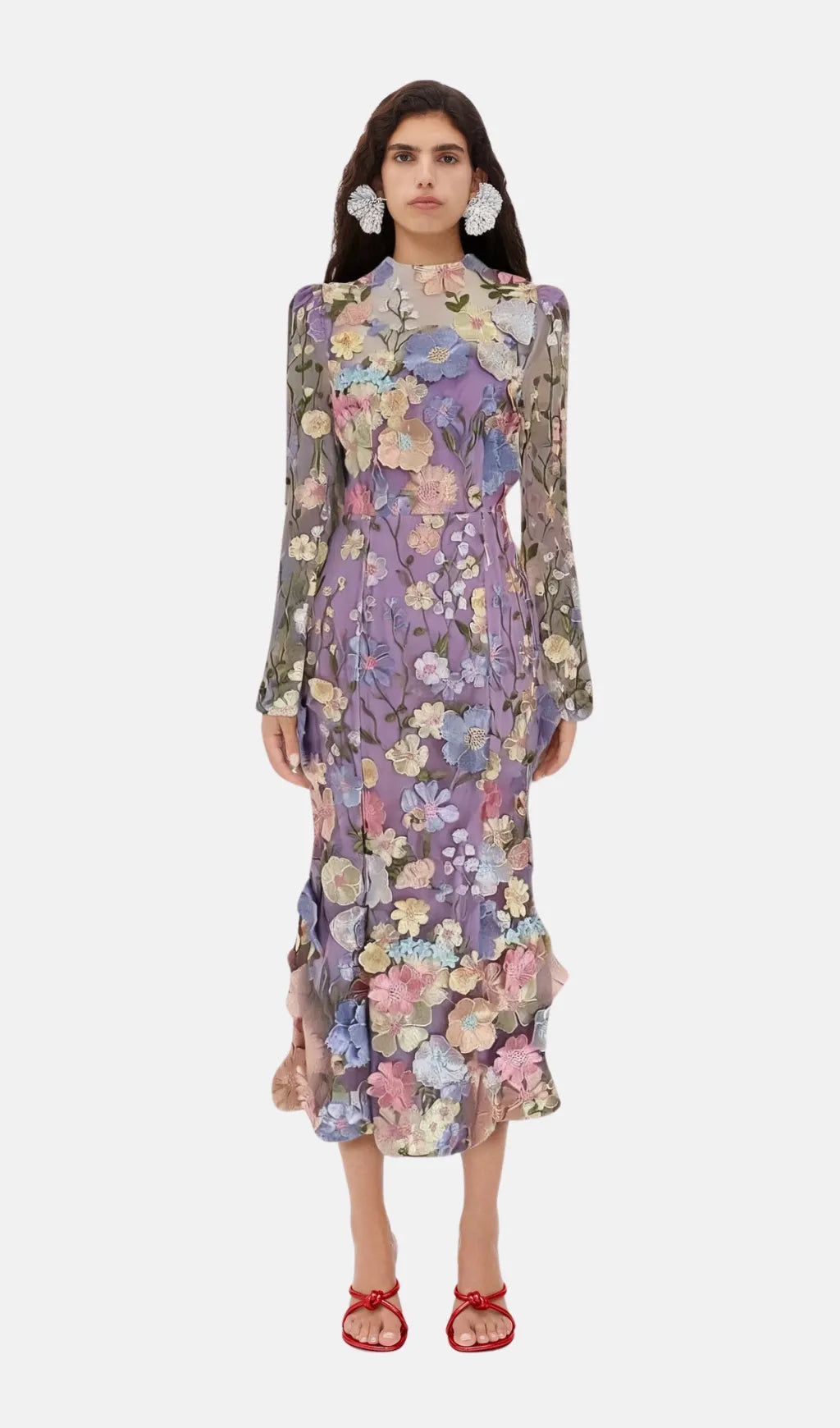 LONG SLEEVE EMBROIDERED MIDI DRESS IN PURPLE Flowering Girl