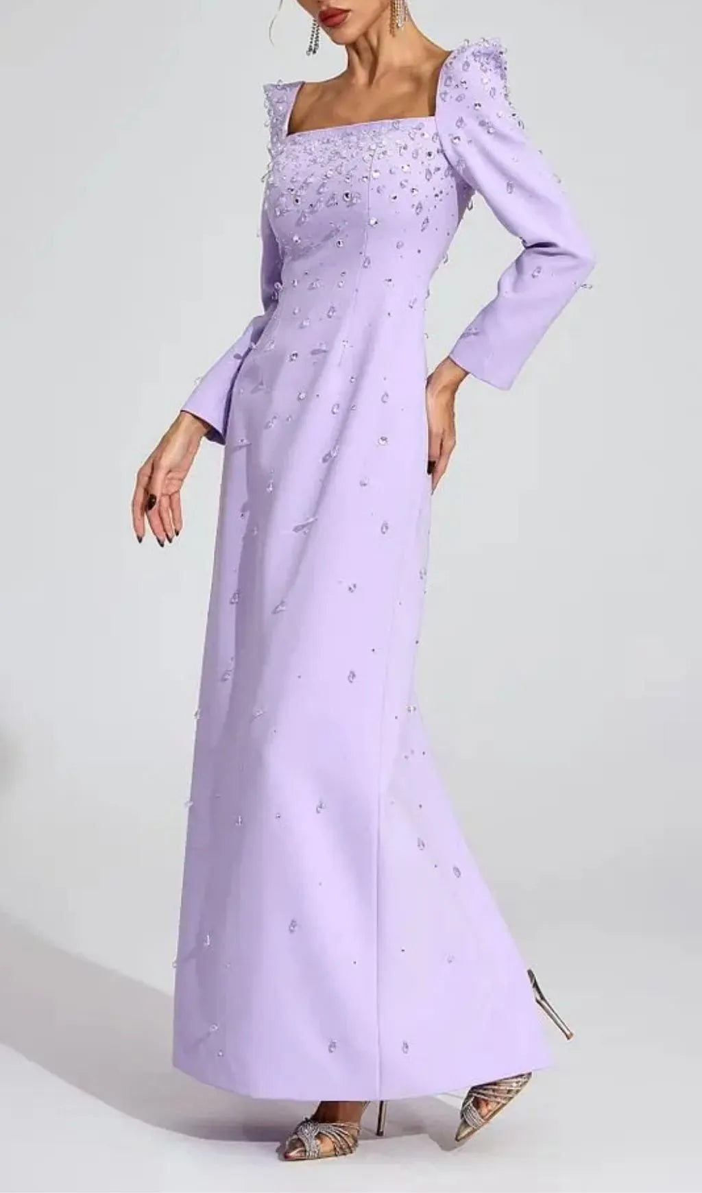 Lynn Square Neck Beaded Rhinestone Maxi Dress - Purple Flowering Girl