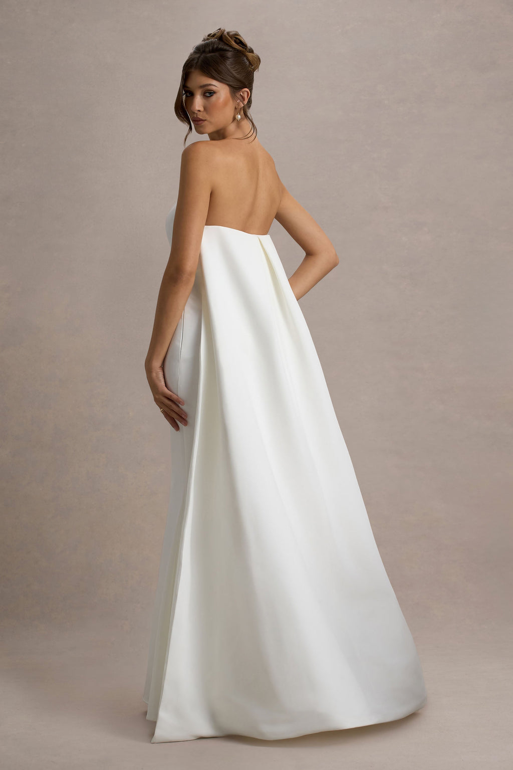 She's Trouble | White Bandeau Maxi Dress With Cape Flowering Girl