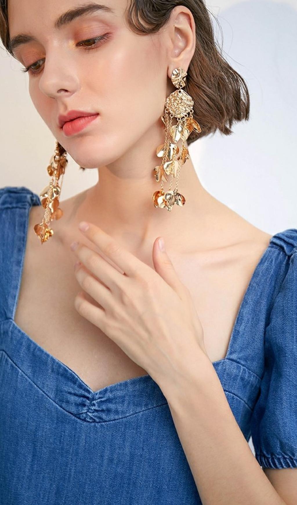 Aisling Gold Tassel Leaf Earrings Flowering Girl