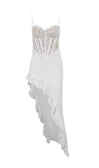 Arlette Lace Asymmetric Ruffle Midi Dress Flowering Girl