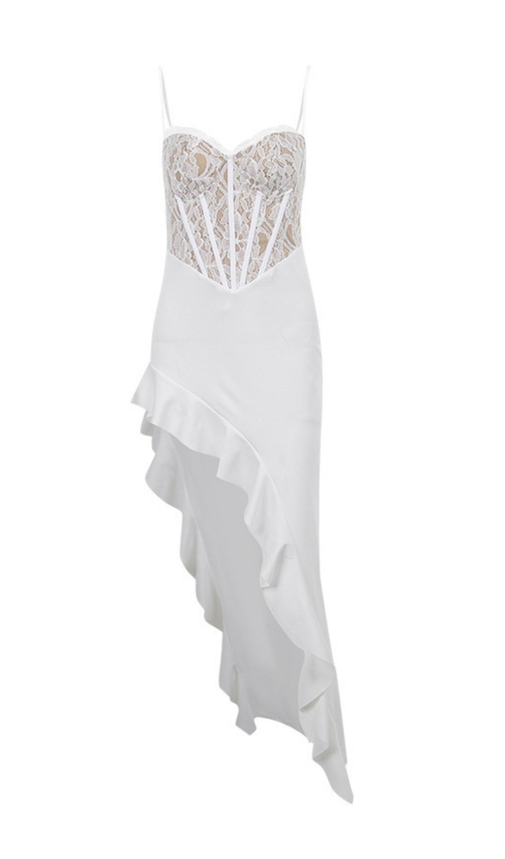 Arlette Lace Asymmetric Ruffle Midi Dress Flowering Girl