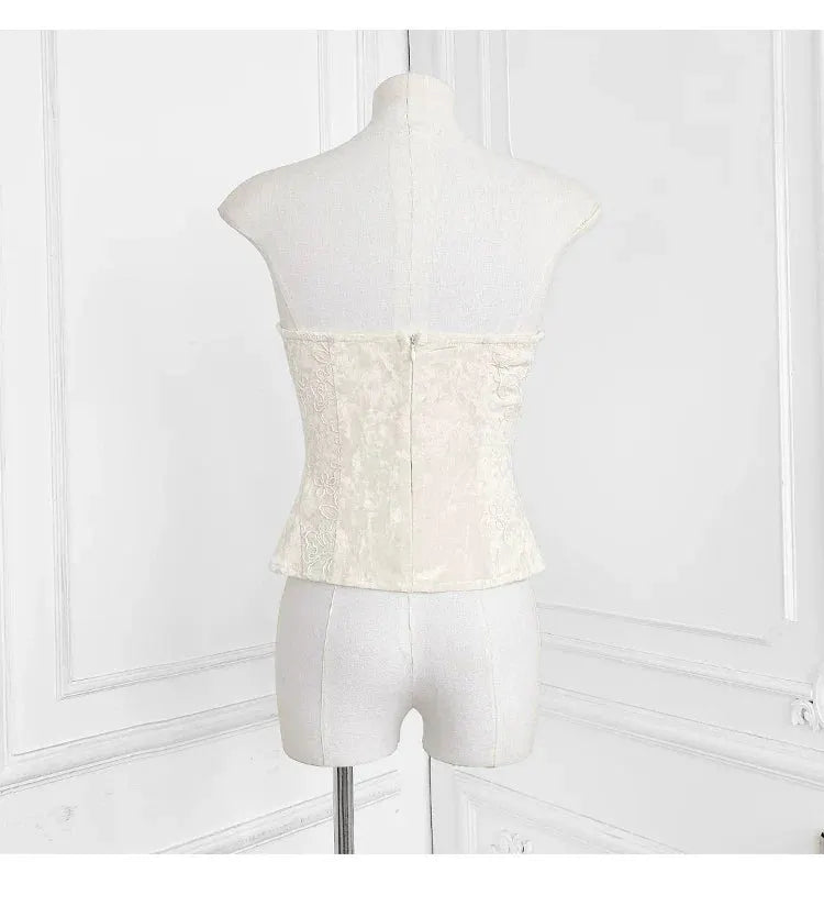 Strapless Ruffle Lace Trim Velvet Jacquard Corset Top Flowering Girl