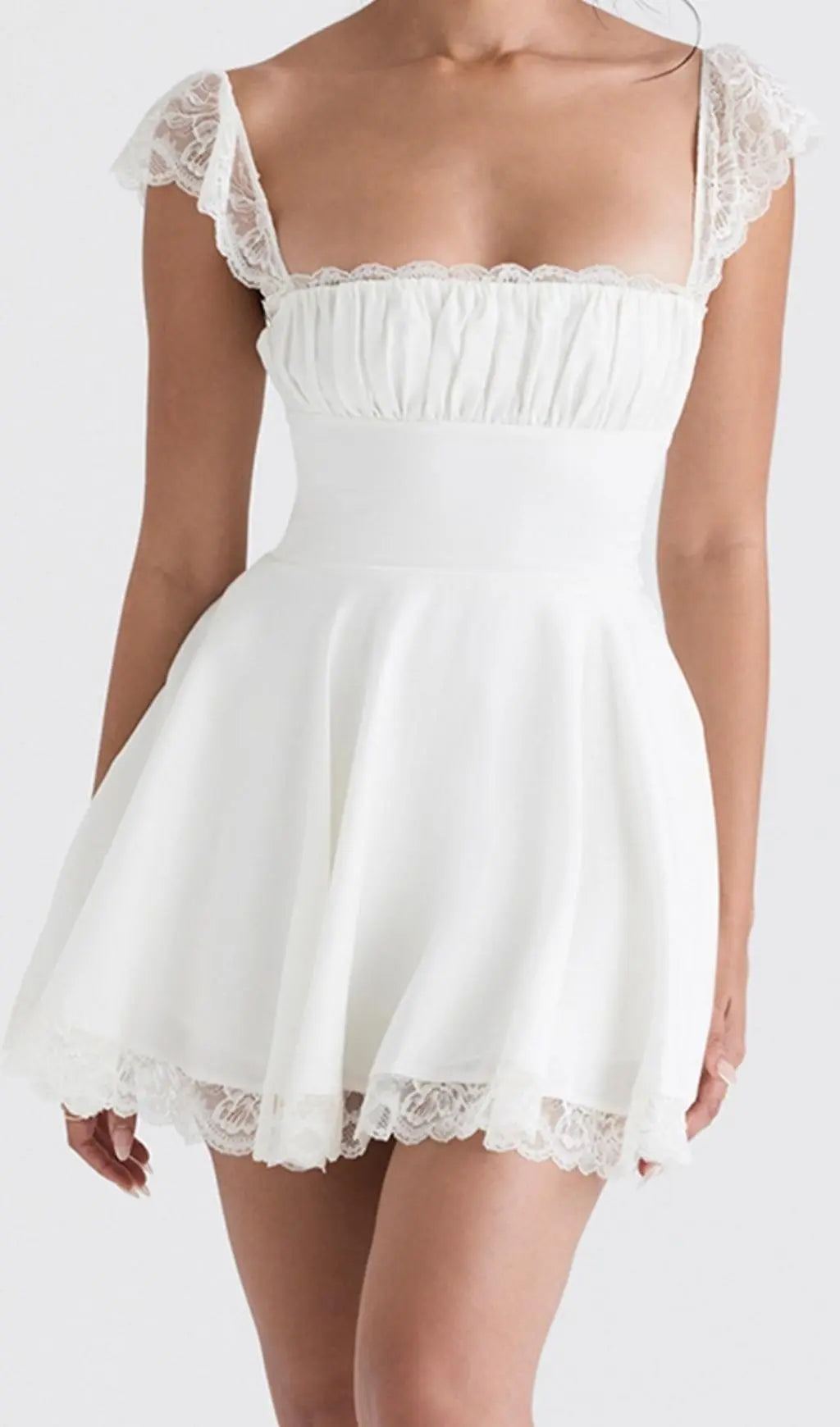 Satin Lace Mini Dress In White Flowering Girl