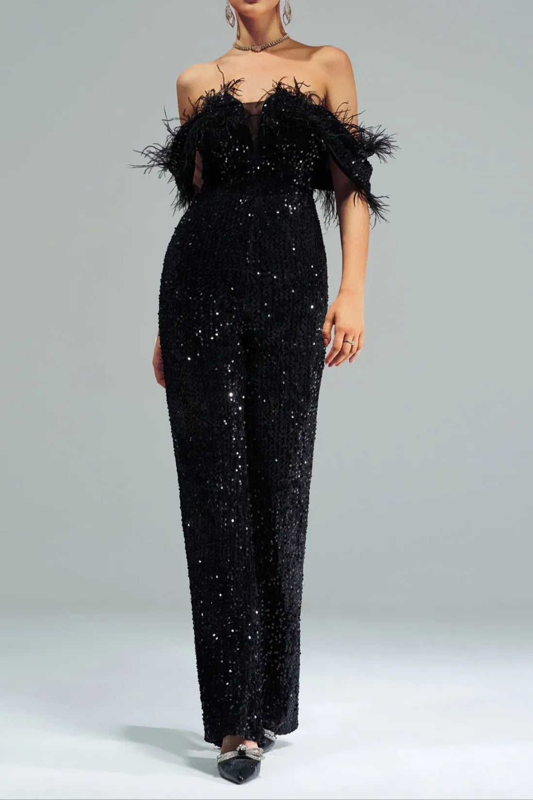 Off-Shoulder Sequin Jumpsuit In Black Flowering Girl