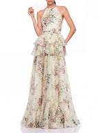 Ravelix Floral Ruffle Maxi Dress In Beige Flowering Girl