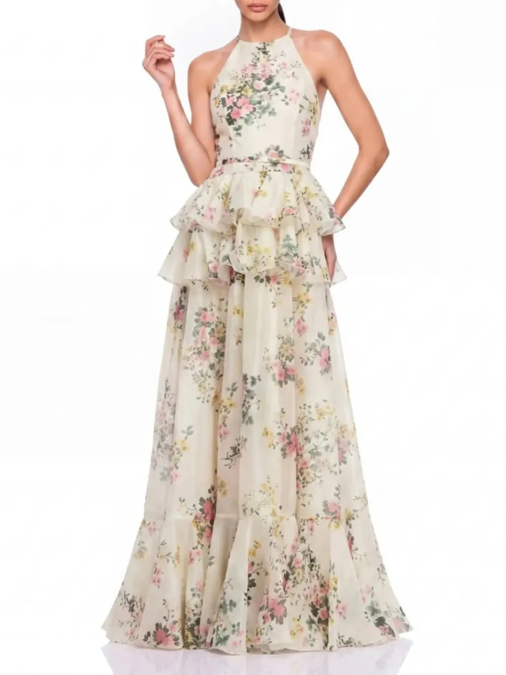 Ravelix Floral Ruffle Maxi Dress In Beige Flowering Girl