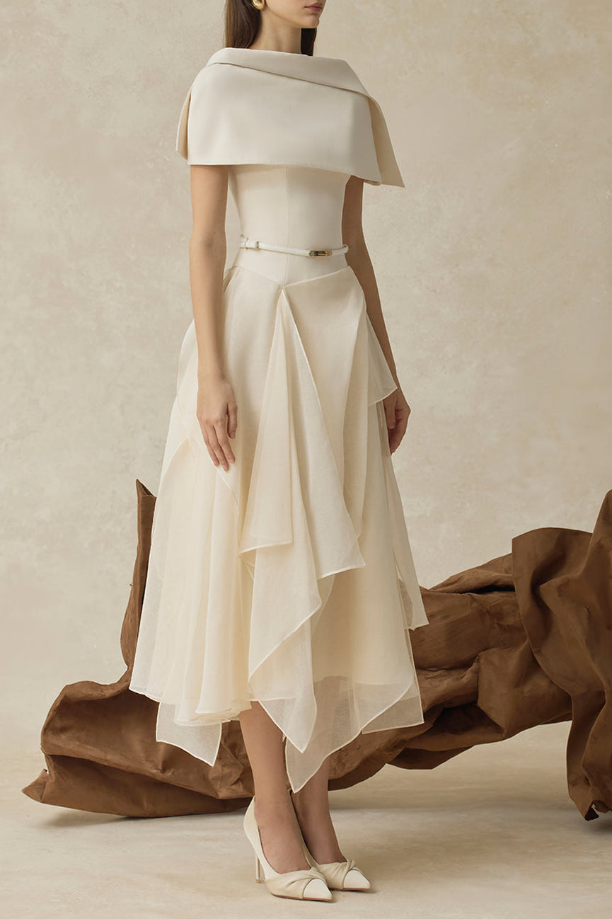 kelly beige Cape Sleeve Ruffle Midi Dress with belt Flowering Girl