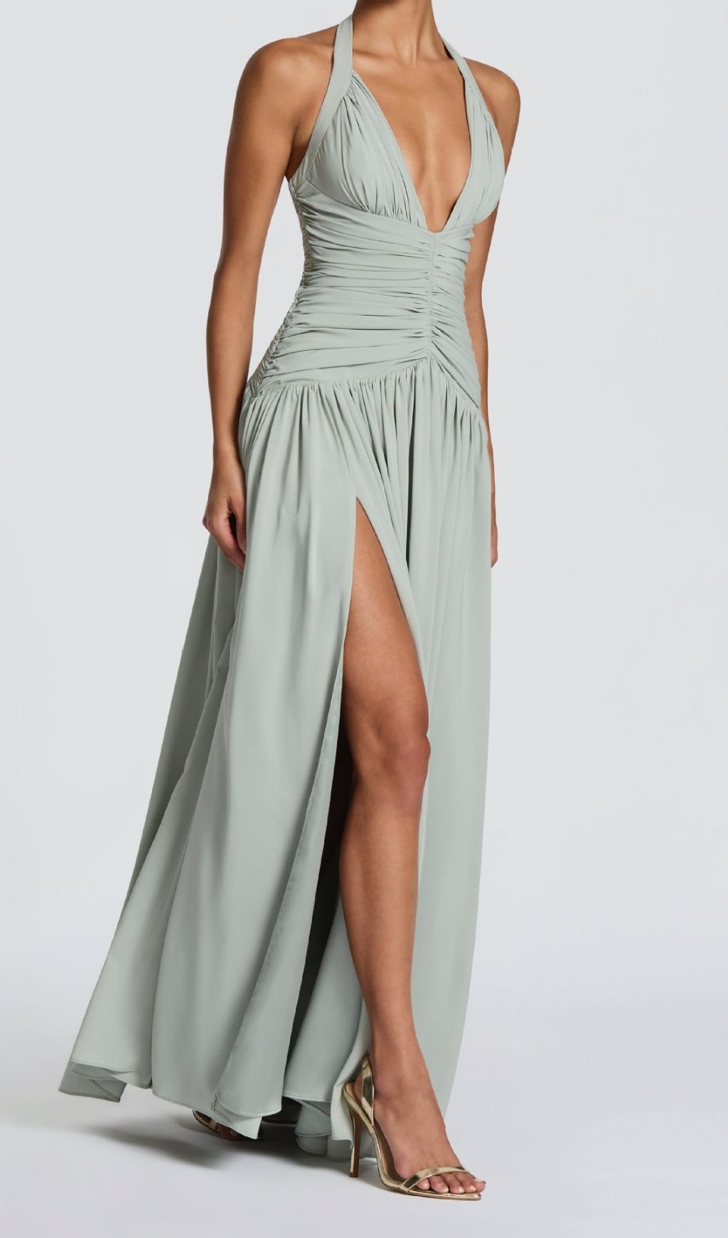 Kelley Celadon Halter Ruched Maxi Dress Flowering Girl