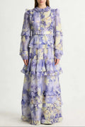 Alyssa Purple Floral Print Ruffle Maxi Dress With Belt Flowering Girl