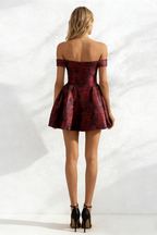 Jacquard Slim Waist Strapless Puffy Mini Dress In Wine Red Flowering Girl