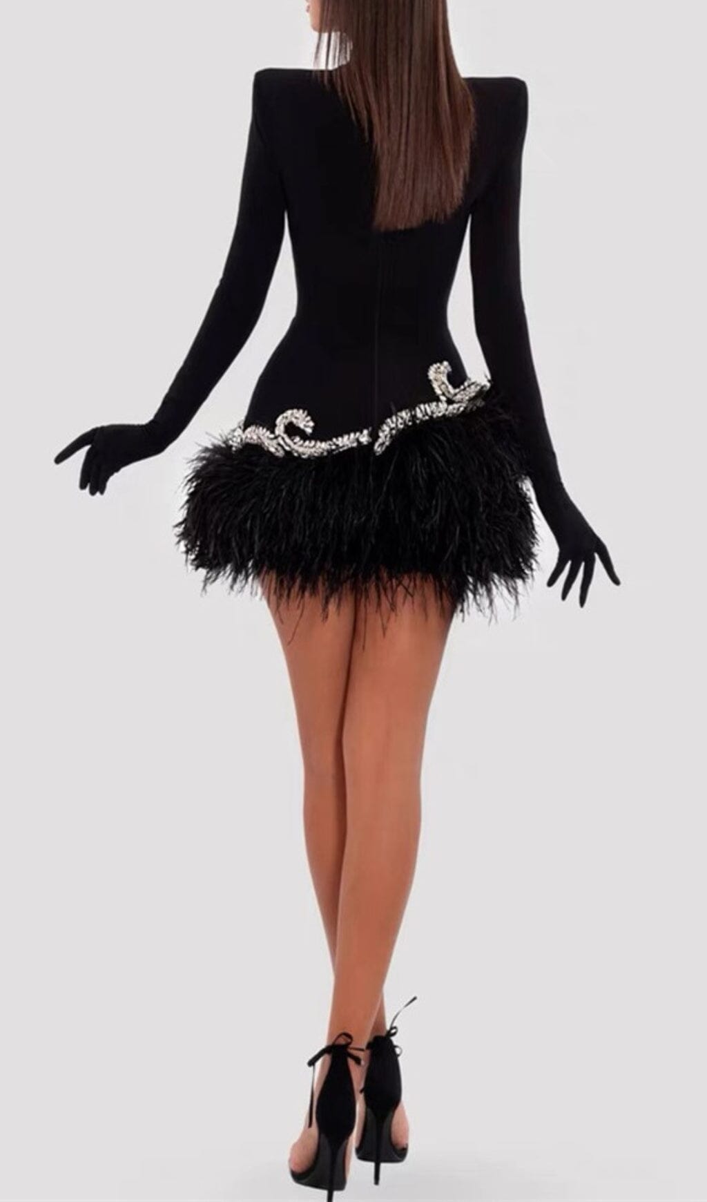Black Velvet Feather Gloves Mini Dress Flowering Girl