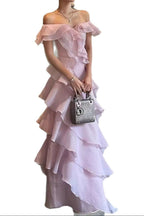 Off Shoulder Ruffled Layer Chiffon Maxi Evening Dress Flowering Girl
