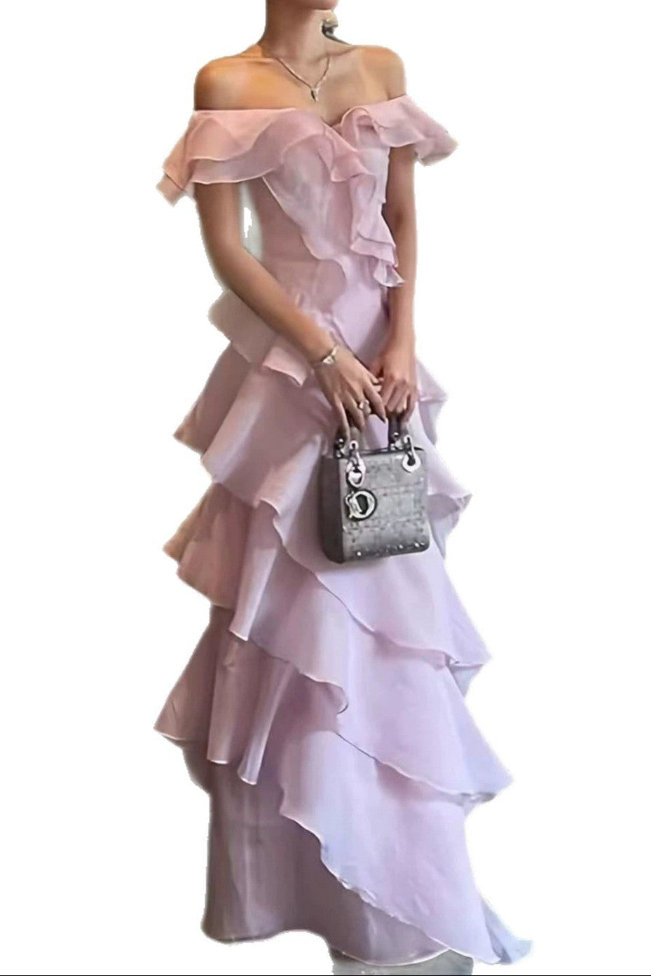 Off Shoulder Ruffled Layer Chiffon Maxi Evening Dress Flowering Girl