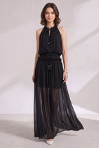 Black Chiffon A-Line Blouson Maxi Dress Flowering Girl