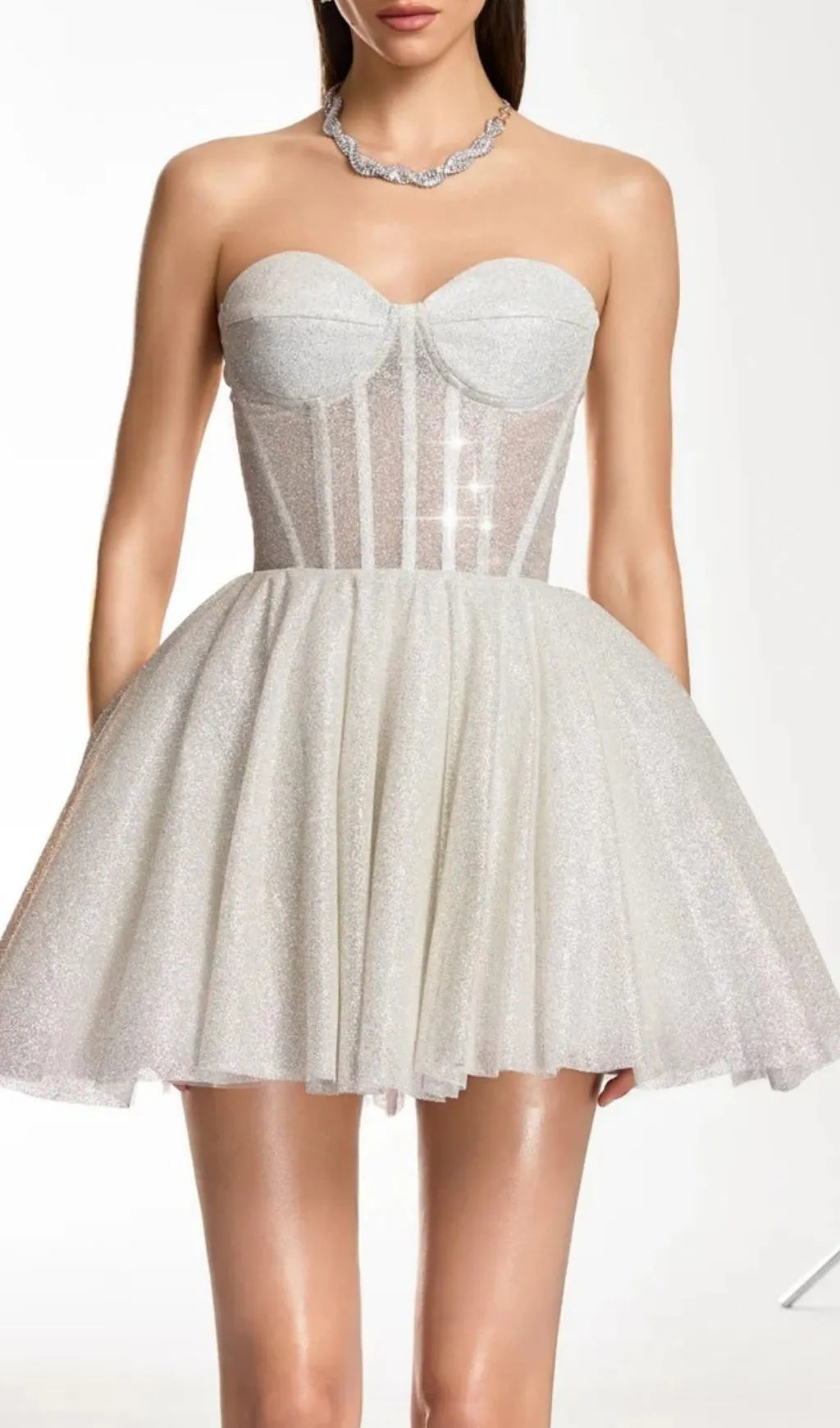 Darda Strapless Glitter Corset Mini Dress In White Flowering Girl
