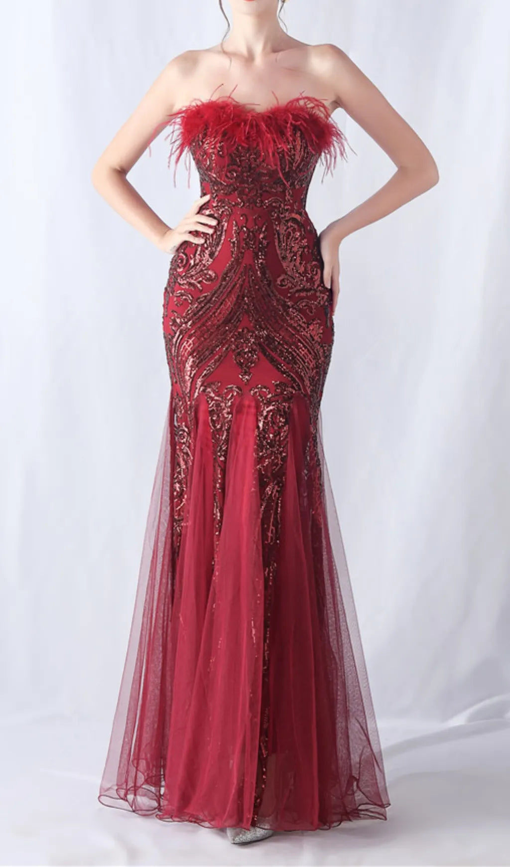 Choire Red Sequin Feather Maxi Dress Flowering Girl