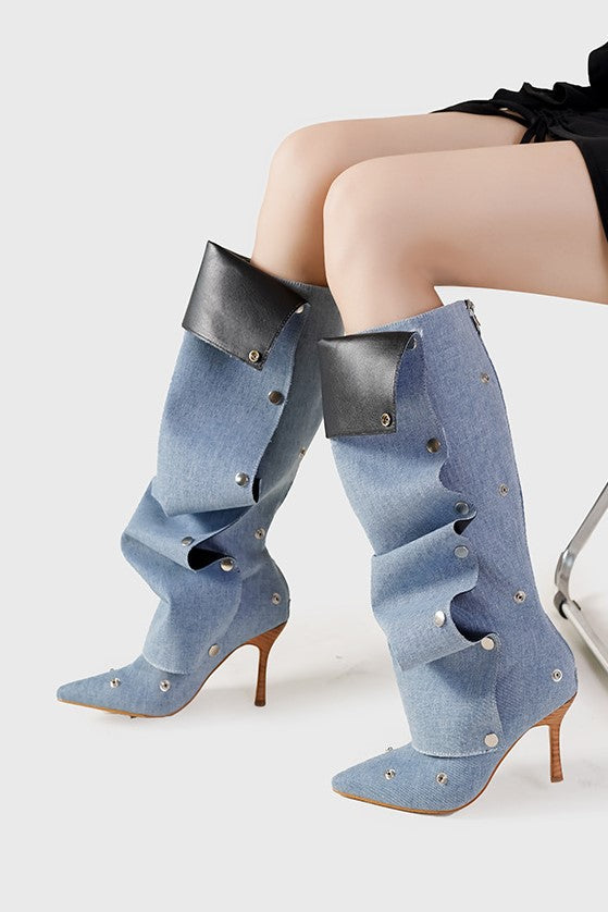 Isabela Appliqué Ruched Denim Knee-high boots - Blue Flowering Girl