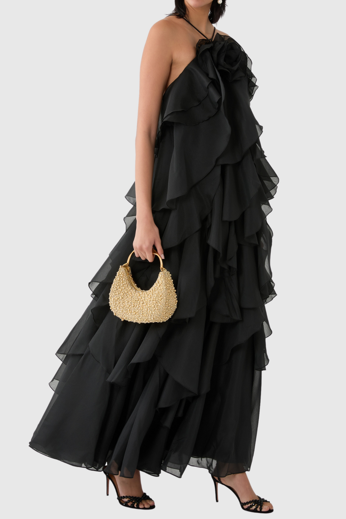 Caysie Halter Floral Ruffle Layered Maxi Dress in Black Flowering Girl