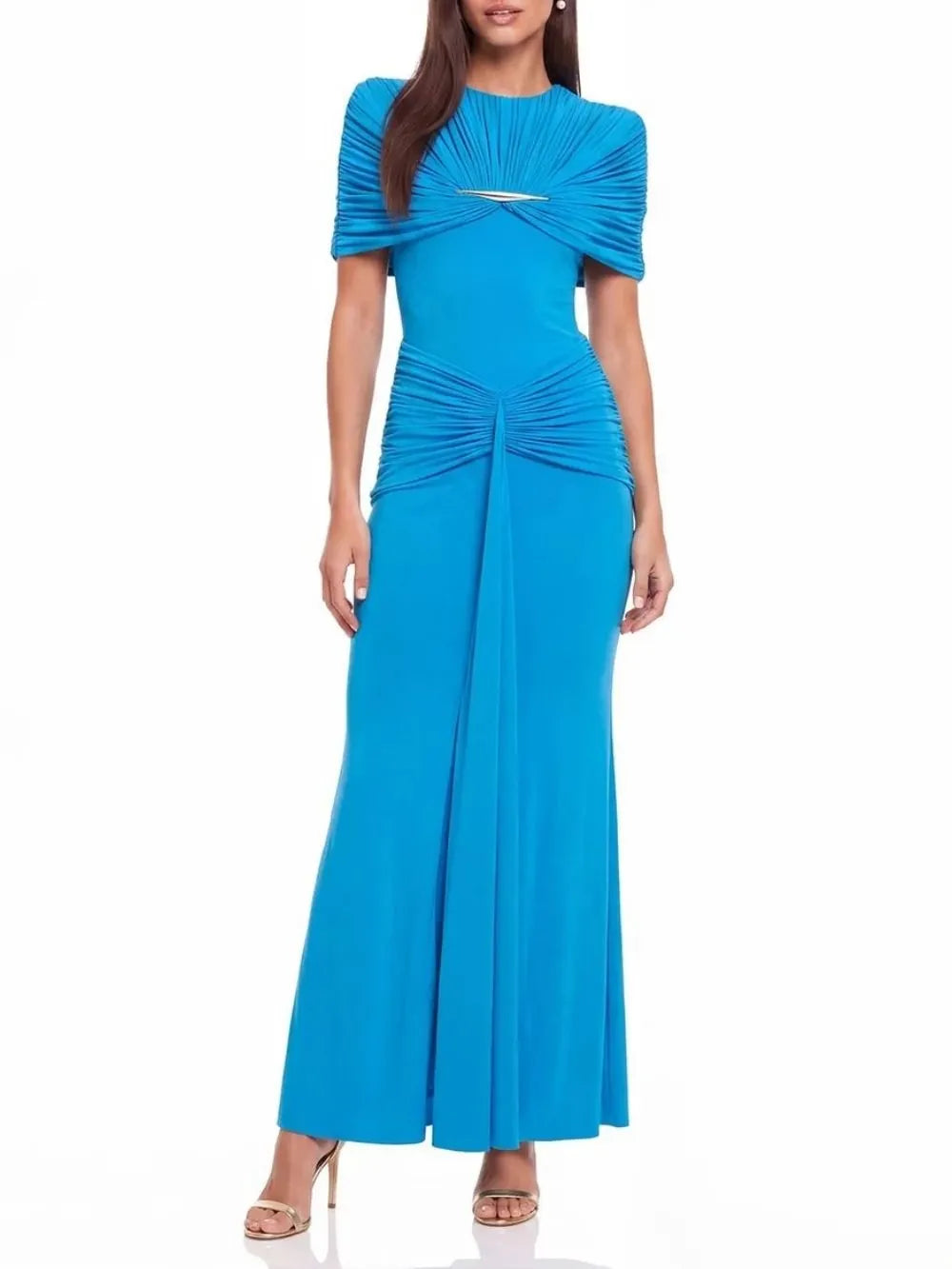 Quvion Shoulder Pad Ruched Maxi Dress In Blue Flowering Girl