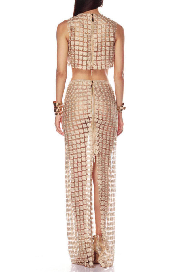 Apricot Sheer Plaid Fishtail Maxi Skirt Two Piece Of Set Flowering Girl