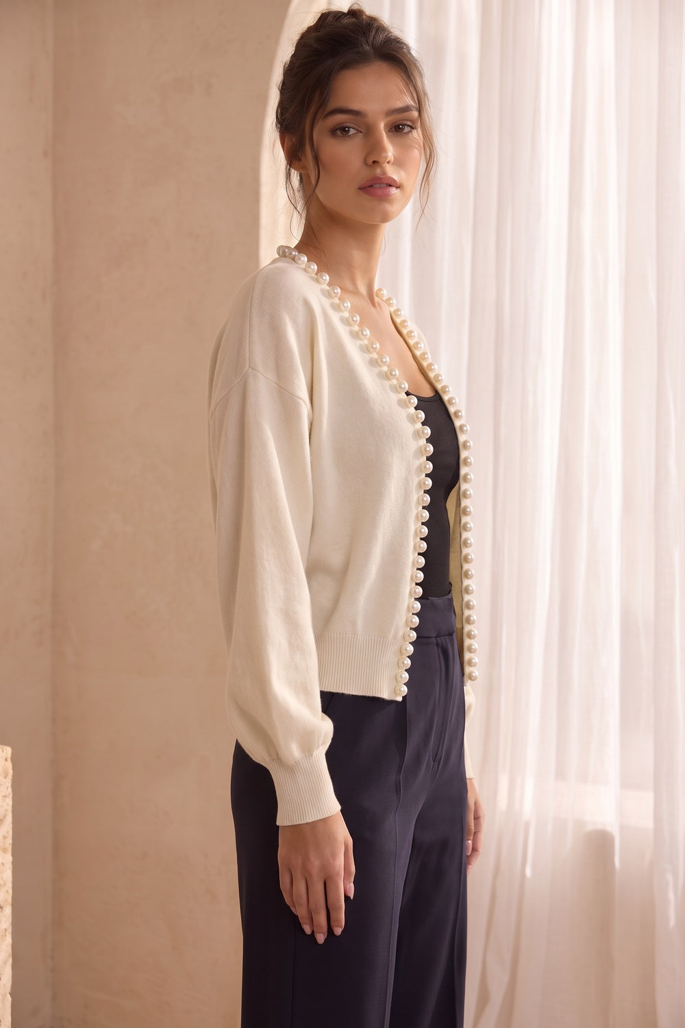 Cream Fine Knit Boxy Cropped Cardigan with Pearl Trim Flowering Girl