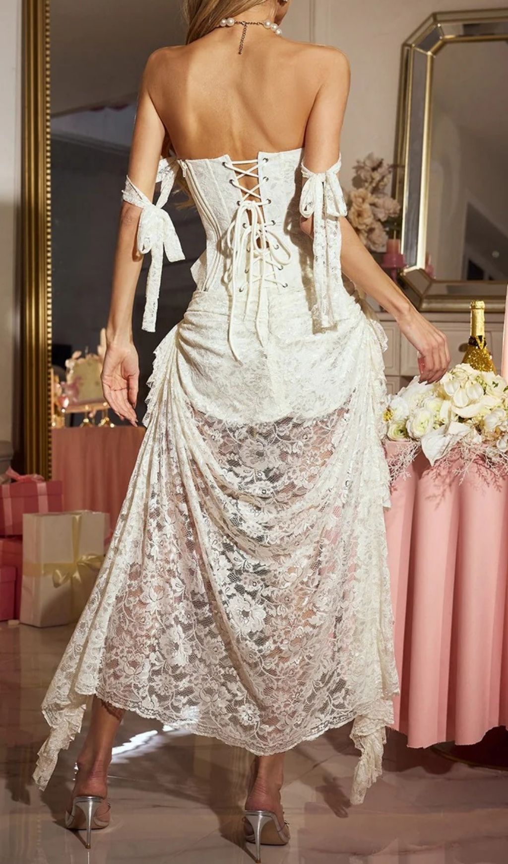 Cexila Strapless Lace Pearl Skirt Set Flowering Girl