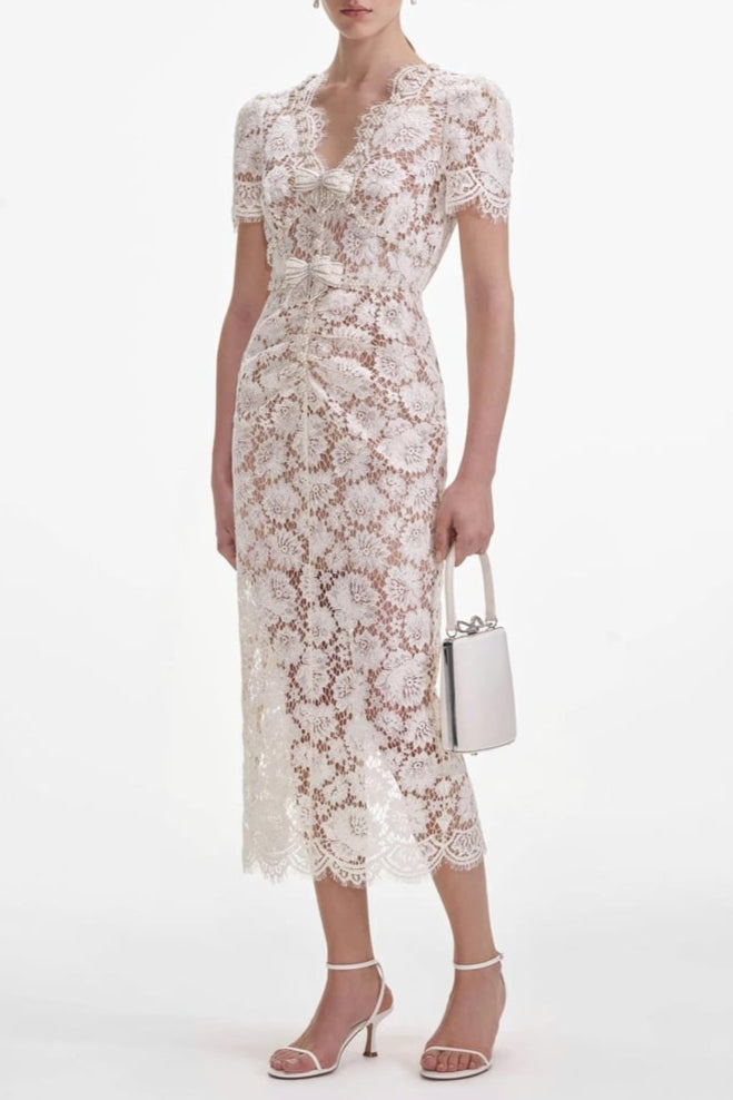 Crystal Bow Detailed V Neck Lace Midi Design Dress Flowering Girl