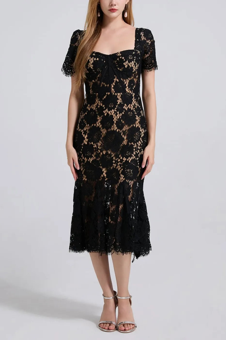 SQUARE NECK LACE MIDI DRESS IN BLACK Flowering Girl