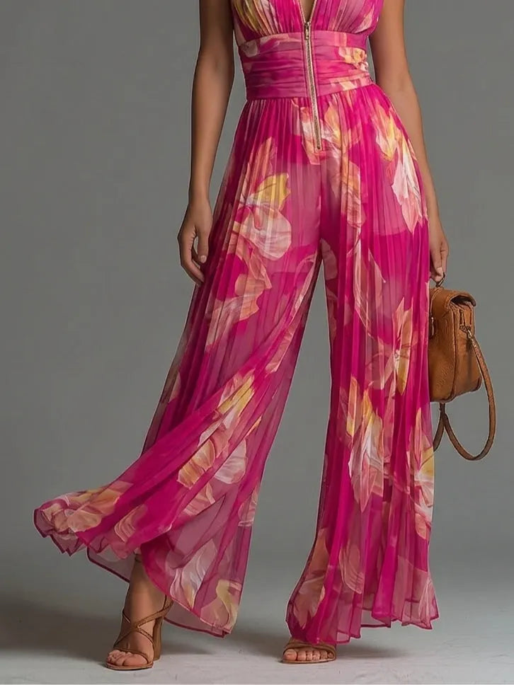 Fuchsia Floral Print Sleeveless Zippered Pleated Wide-leg Chiffon Jumpsuit Flowering Girl