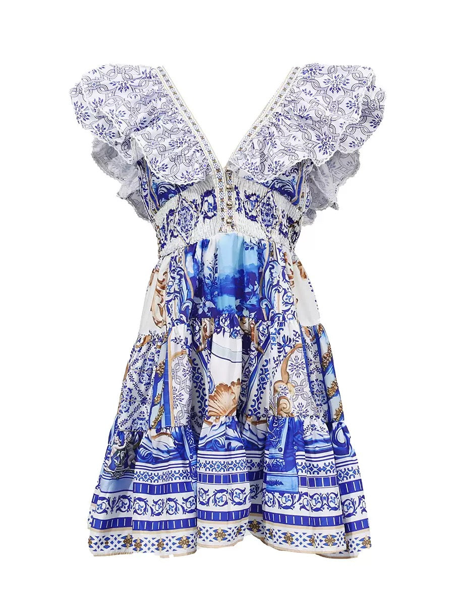 Printed Plunge Neck Mini Dress Flowering Girl