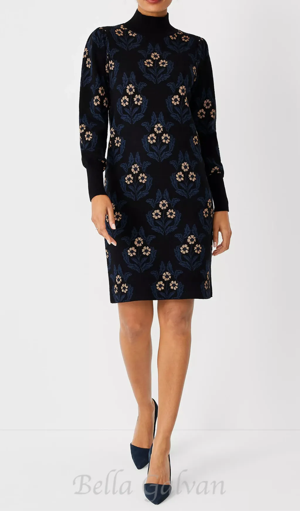 petite floral mock neck sweater dress in black Flowering Girl