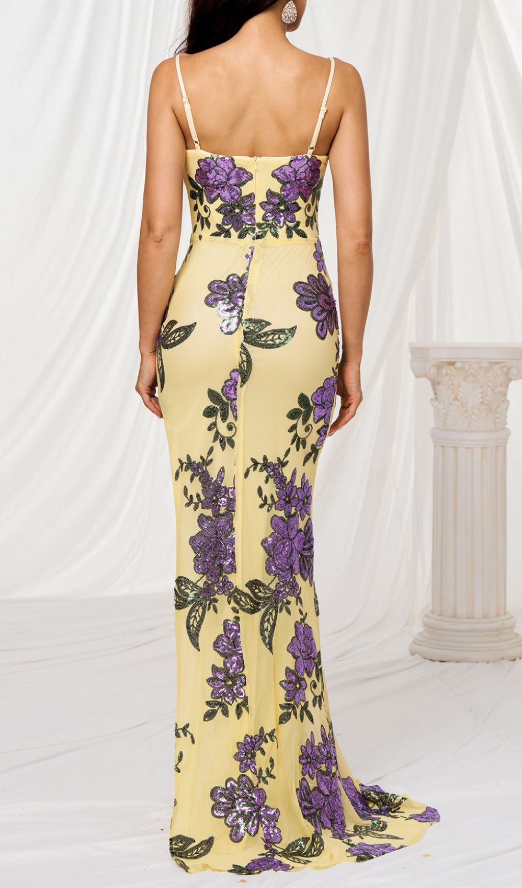 Finnea Yellow Flower Sequin Slit Maxi Dress Flowering Girl