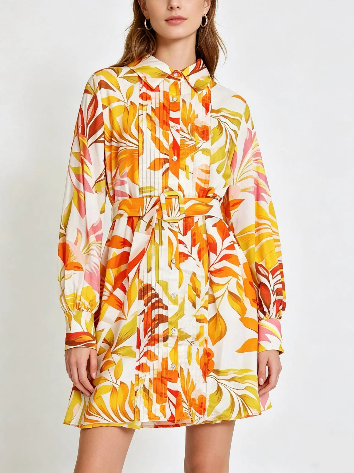 Plant Floral Organ Pleated Shell Button Shirt Dress Flowering Girl