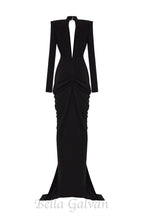 Black Stretchy Gold Flower Embroidered V-Neck Long Sleeved Maxi Dress Flowering Girl