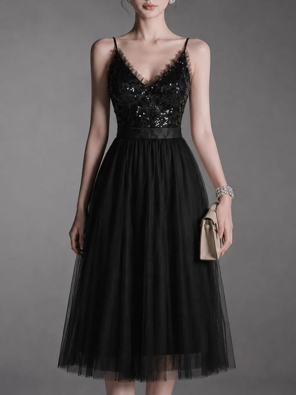 Maureen Black Spaghetti Mesh Midi Dress Flowering Girl